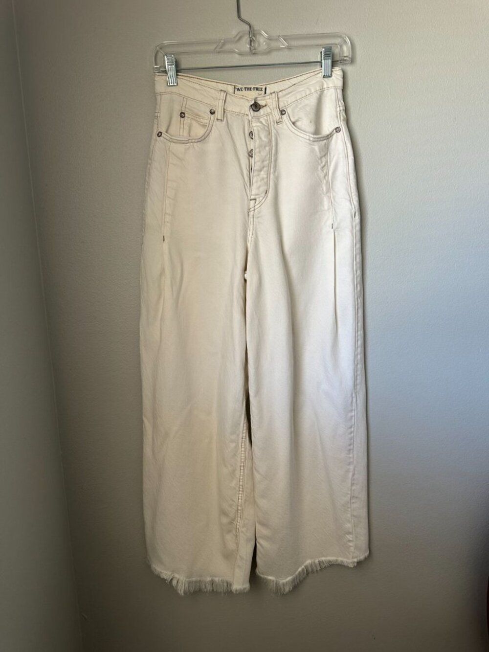 We The Free Pants High Rise Wide Leg Button Fly Frayed Hem Lyocell Off White 26